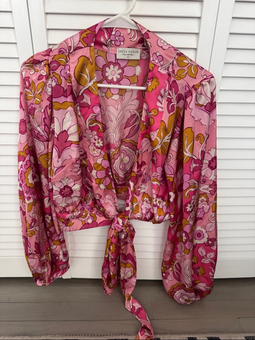 Dress Forum Pink Floral Tie-Front Blouse with Mustard Accents